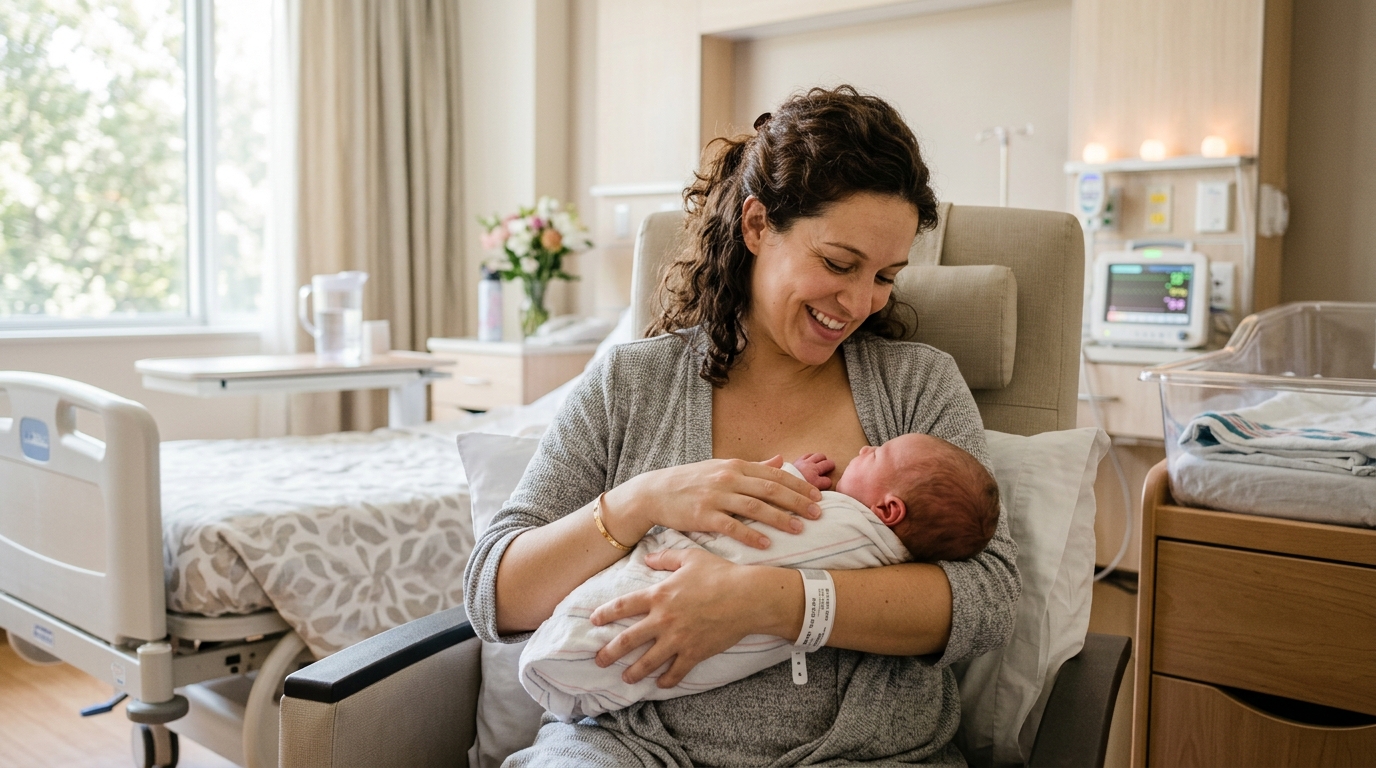 Mother holding baby after birth
